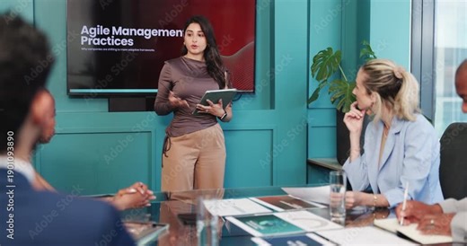 Presentation, screen and tablet with business woman in office for agile management practices workshop. App, meeting and planning with employee person in boardroom for work adaptability discussion