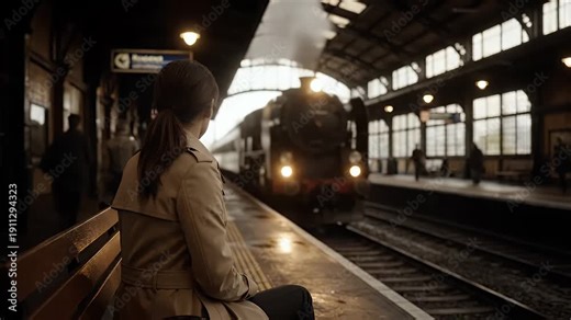 Woman watching a vintage steam train arrive at a station platform