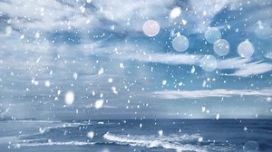Winter ocean. Snowfall on the shore