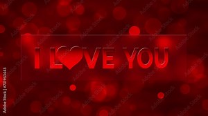 Animation of text I love you scrolling on glass screen on red background.Red bokeh lights.Love declaration.Suitable for Valentine's Day celebrations or greeting cards.