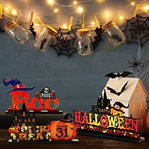 Hlonon 3 Happy Halloween Table Decorations Wooden Table Centerpieces Pumpkin Boo Spooky Trick or Treat Wood Table Topper Sign for Halloween Holiday Party Home Table Decor
