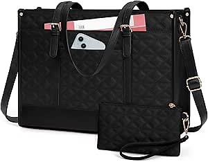 IGOLUMON Laptop Bag for Women 15.6 Inch Vegan Leather Work Tote Bag Quilted Womens Briefcase Designer Laptop Bags for Office Teacher College Cute Computer Bag with Clutch Purse Professional Black