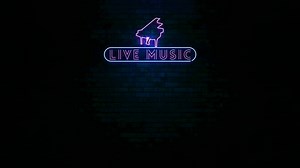 Download Animation of neon sign live music with piano shape in a brick wall with blue light at night for free