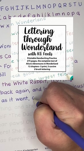 Trace your way to better handwriting with KG of KG Fonts! My website: https://kimberlygeswein.com/downloads/kg-lettering-through-wonderland-handwriting-practice/ TpT: https://www.teacherspayteachers.com/Product/KG-Lettering-Through-Wonderland-Printable-Handwriting-Practice-14914602 #teacherspayteachers #handwriting #improveyourhandwriting | Kimberly Geswein Fonts
