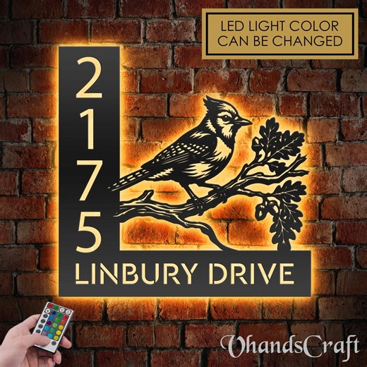 Personalized Blue Jay Bird LED Address Sign - Custom Metal House Number Plaque - Etsy