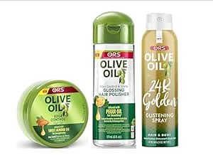 ORS Olive Oil Edge Control Hair Gel - Frizz Control and Shine Glossing Hair Polisher - Style & Shine 24k Golden Glistening Spray - Bundle