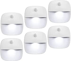 Upgraded Motion Sensor Light, 6 Pack Battery-Powered LED Night Light, Cordless Wall Light, Cabinet Light, Closet Light, Night Lighting for Stairs, Hallway, Bathroom, Kitchen, White
