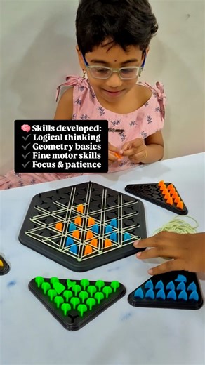 Krithi on Instagram: "How to play : 👉Choose a Colour & Start: Each player selects a color they’ll play with. 👉Stretch Rubber Bands: On your turn, take one rubberband and stretch it between pegs to create. straight lines. Try to connect four pegs so that a triangle shape is formed. 👉Form a Triangle: When your rubber band completes a triangle shape, place one of your colored tokens inside the triangle as a claim. 👉Multiple Triangles: If a single band creates more than one triangle, you can pla