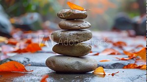 Stack of zen stones balancing on each other in autumn