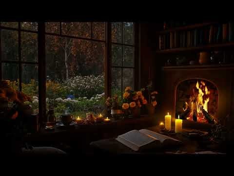 Peaceful Spring Window Ambience 🌸 Gentle Rain & Cozy Fireplace for Study & Relax