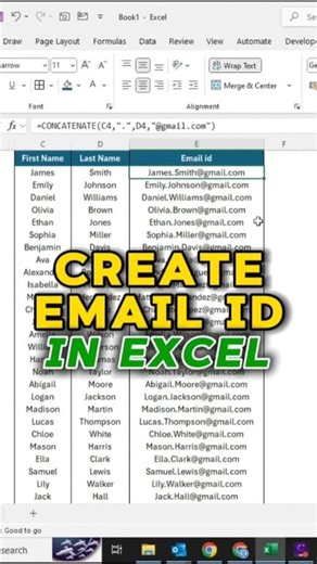 17K views · 103 reactions |  Auto-generate Gmail IDs in Excel! ➡️ Type: =CONCATENATE(FirstName, ".", LastName, "@gmail.com") ➡️ Press Enter ✅ ➡️ Drag to create emails for all names in seconds! Perfect for HR lists, bulk IDs & student data  Follow @excel_funclub for more Excel tricks  #exceltips #exceltricks #exceltutorial #explore #microsoftexcel | excel_funclub | Facebook