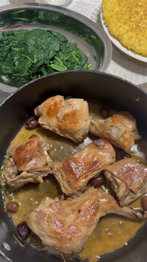 Rabbit with olives and white wine sauce, rsaffron risotto's frittata and boiled spinach