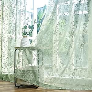 Sage Green Lace Curtains 45 Inch Length 2 Panels Set Rustic Leaf Floral Pattern Short Lace Curtains for Kitchen Window, Rod Pocket Privacy Farmhouse Green Vintage Lace Café Curtains, 42 x 45 Inch