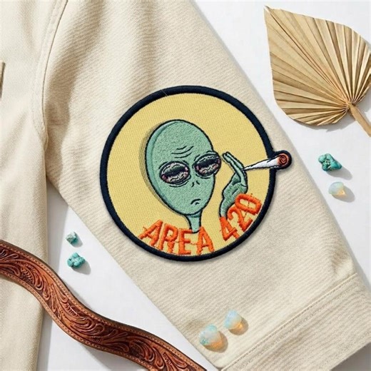 Area 420 Stoner Alien Embroidered Patch, Trippy Smoking Joint Iron on Applique, Funny Weed Meme Gag Gift, Backpack Denim Jacket Decor - Etsy