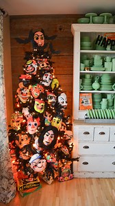 27K views · 4.3K reactions | Let’s just say, I’ve been collecting vintage Halloween masks for some time.  My sister was really my motivation, as she has a great collection that motivated me! This tree took about 15 minutes to decorate, no wires, so simple. And did you know these all glow with a black light too!  Which is your favorite mask on the tree?!?!  #vintagehalloween #halloweenmask #halloweenmasks #halloweentree #halloween | The Vettel Farm | Facebook