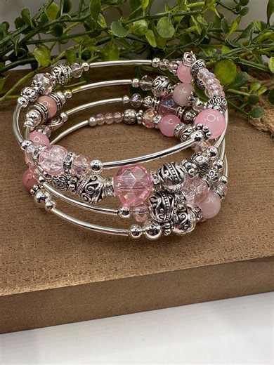Pink and Silver Beaded Cuff Bracelet, Silver Boho Memory Wire