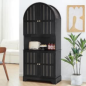 71" Tall Arched Kitchen Pantry, Freestanding Tall Pantry with Countertop and Doors, Modern Wood Kitchen Storage Cabinets for Living Room, Dining Room