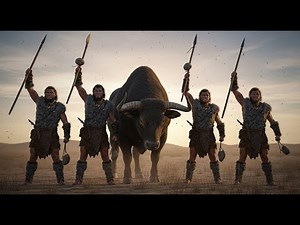 Life Ancient Million Years Ago: Primitive Humans Hunt Wild Bulls
