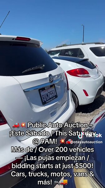 🚗💥 Public Auto Auction – ¡Este Sábado / This Saturday @ 9AM! 💥🚗 Más de / Over 200 vehicles — ¡Las pujas empiezan / bidding starts at just $500! Cars, trucks, motos, vans & más! 🏍️🚚 🌐 Website / Página web: www.OtayAutoAuctions.com 📞 (619) 661-0808 📍 Otay Auto Auction – 8968 Siempre Viva Rd, San Diego 💻 Register FREE / Regístrate GRATIS en OtayAutoAuctions.com 💵 $500 cash deposit / depósito en efectivo te da tu número de postor (refundable / reembolsable) 👉 Don’t miss / ¡No te pierdas!