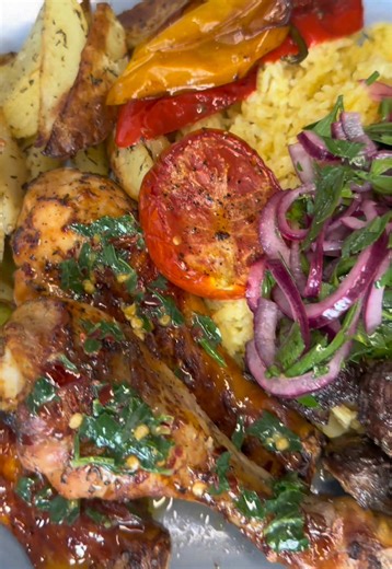 Dinner for boii Mahn “Blazerakal” Chicken Drumsticks Marinade • Chicken drumsticks • 2 tbsp yogurt (Greek yogurt is fine) • 1 tsp tomato paste • 2 tbsp soy sauce • 2 garlic clove • half Lemon juice • Chilli flakes (optional) • mixed dried herbs • chicken stock powder Oven Vegetables • Mushrooms • Potatoes • Tomatoes • Bell peppers • Olive oil • Salt • Black pepper Butter sauce - Melted butter - Chopped parsley - Chilli flakes - Lemon zest Side Salad - half red onion - Chopped parsley - Chicken s