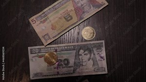 Foreign currency banknotes and coins dropped on top of them