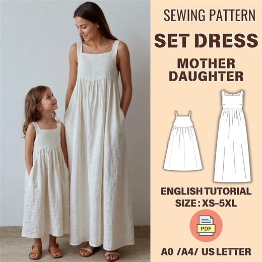 Set Dress Mother Daughter PDF Sewing Pattern, Maxi Linen Sleeveless, Linen Short Sleevele, Square Neck, Pockets, Empire Waist - Etsy UK