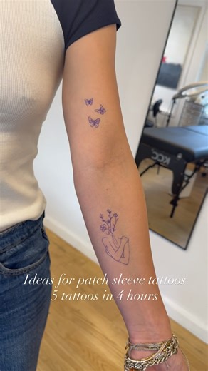 MASHA - FINE LINE TATTOO, NYC on Instagram: "Patch sleeve tattoo - 5 Fine Line Tattoos, placement idea 💡"