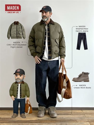 MADEN on Instagram: "Nothing styled for the camera only. These are outfits that move, layer, and wear in naturally. Look 1 An insulated jacket layered over everyday basics. Warm without looking heavy. Look 2 A classic work jacket with raw denim and solid boots. The kind of outfit you throw on without thinking. Look 3 A clean padded jacket paired with worn in denim. Comfort comes first, but the silhouette stays sharp. Look 4 A denim jacket layered with winter weight pieces. Balanced and practical