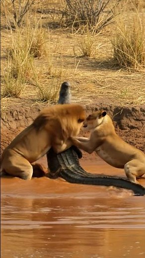 Lions vs. Crocodile: Epic Battle in the River! 🦁🐊 #animalfight #wildlife #wildlifebattle #animals