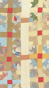 “Quilt, Hands All Around Pattern Variation” by Lenora Mustin has an unknown origin — and that’s part of its charm. Quilt patterns are usually given descriptive names that reflect their design. We do not know where the name “Hands all Around” originated, although the angular motifs crossing the corners of each quilt square resemble hands. Perhaps the name derived from the 1852 poem “Hands All Around” by British poet Alfred, Lord Tennyson, which extols the virtue of national pride. Or perhaps it c