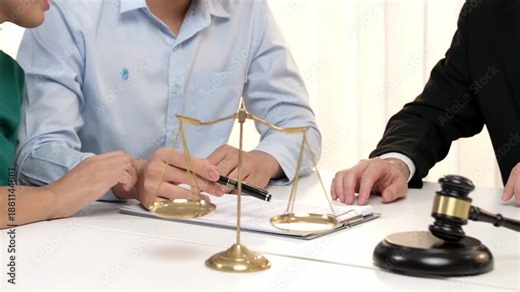 Lawyer act as mediator offer a compromise between two parties to resolve business dispute through negotiation at law firm office. Legal mediation and conflict resolution service. Slow motion. Rigid.