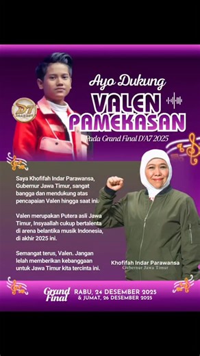 khofifah indar parawansa on Instagram: "Saudaraku warga Jawa Timur dimana saja berada, mari dukung dan do'akan Valen asal Pamekasan Jawa Timur sukses dan menjadi pemenang terbaik pada Dangdut Academy 7 (D'A7). Jangan lupa Grand Final tanggal 24 dan 26 Desember 2025."