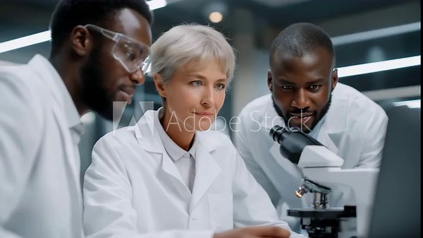 Research team examining nanorobots under augmented reality microscope, expressing curiosity and focus, symbolizing advanced medical innovation, robotic engineering, and futuristic lab technology.