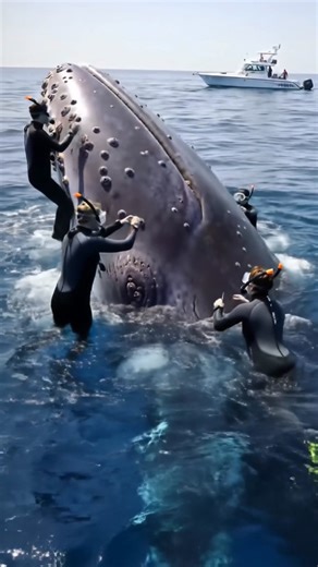 A team of marine biologists in black wetsuits and snorkeling gear carefully tending to a massive whale covered in barnacles. They float gently beside the enormous creature in clear blue ocean water, using specialized tools and instruments to collect samples and monitor its health. The sunlight filters through the waves, reflecting on the whale’s textured skin. The scene transitions to a close-up of the whale breaching the surface, its massive red-hued head covered with barnacles rising majestica