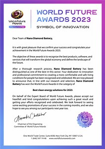 Nano Diamond Battery wins the World Future Award 2023 for Best Clean Energy Solution