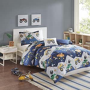 Intelligent Design Kids Twin Comforter Set for Boys 3 Piece Monster Truck Comforter Set, Twin Size, Teen Bed Set, Microfiber Bedding Set, Matching Sham, Embroidered Truck Throw Pillow, Twin, Blue