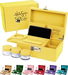 The OG Storage Box - Large Bamboo Box with Combination Lock, Magnetic Lid, Organizer Tray, Airtight Tube and 3 Jars - Discreet Decorative Locking Wooden Box with Accessories (Yellow/Gold)