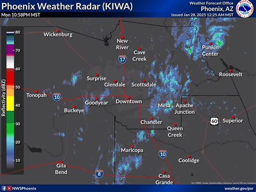 9.8K views · 53 reactions | [12:25 AM MST Phoenix Radar] A look at the Phoenix weather radar just after midnight shows there is still a band of very light rain moving south to north across Phoenix. The best concentration of stronger radar echoes, and thus light rain most likely reaching the ground, is in the Southeast Valley. | US National Weather Service Phoenix Arizona | Facebook