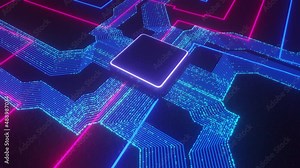 3d neon microchip city grid animation