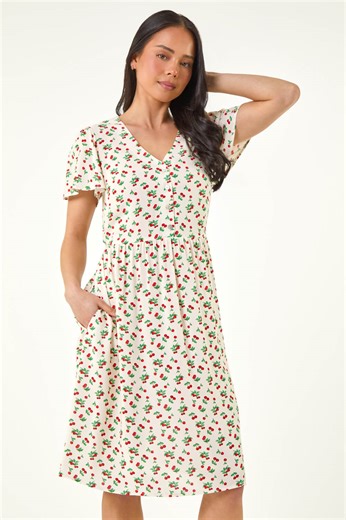 Ivory Petite Cherry Print Pocket Dress | Roman UK