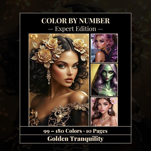 Color by Number Pages for Advanced Adults Coloring | Mosaïc CBN | Beautiful Women's Portraits | 99, 120& 180 Colors |10 "golden Tranquility" - Etsy