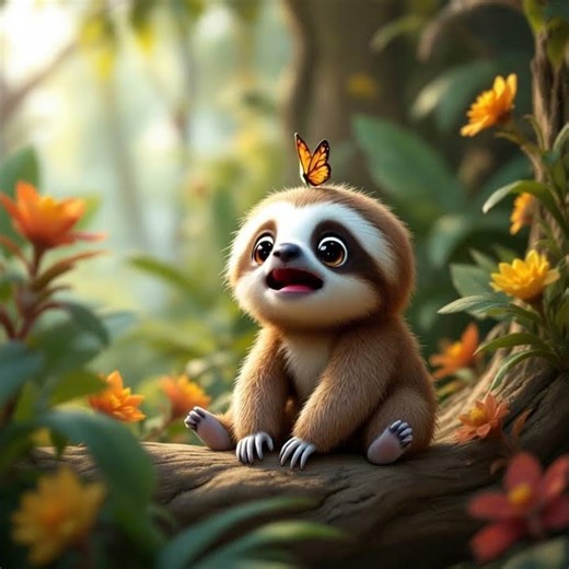 Baby Sloth Plays with Cute Butterfly
