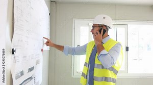 portrait of handsome foreman construction worker on a industrial building industry construction site 4 K 50 fps footage