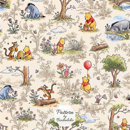 Vintage Winnie the Pooh Toile Seamless Pattern for Baby Shower Crafts | JPG - Etsy