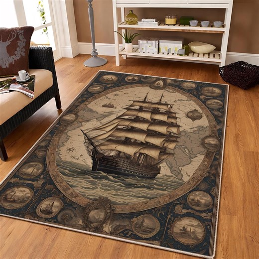 Sailing Pirate Ship Rug, Vintage Map Carpet, Compass Area Rug, World Map Carpet, Nautical Home Decor - Etsy