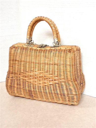 Vintage Woven Wicker Clamshell Top Handle Handbag / Purse Footed Folk Mini Print Lining - Etsy