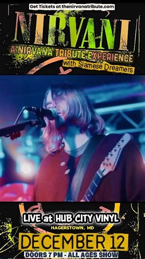 🚨HAGERSTOWN, MD🚨Nirvani will be rocking the stage at Live at Hub City Vinyl on December 12th with special guest Siamese Dreamers Tribute to The Smashing Pumpkins! Tickets are on sale NOW! All Ages Show. Come rock out to your favorite Nirvana and Smashing Pumpkins hits and deep cuts all night, performed in true grunge fashion! 😁🤘 #nirvani #nirvana #supportlivemusic #kurtcobain #grunge #nevermind #rock #davegrohl #music #kristnovoselic #nevermind #nirvanafans #inutero #nirvanafanpage #bleach #