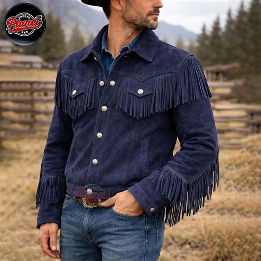 Men's Blue Suede Leather Jacket With Fringed Detailing – Western Cowboy Style - Etsy
