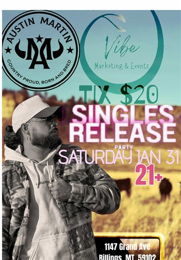Join me for my upcoming singles release party in my hometown Billings, Montana! January 31st @ “The Vibe Marketing & Events” ‼️👀 #Wrangler #LiveMusic #Concert #Montana #AustinMartin