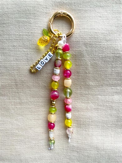 Handmade Beaded Spring Lemon Keychain With Green Pink Pearl Beads & Charm - Etsy